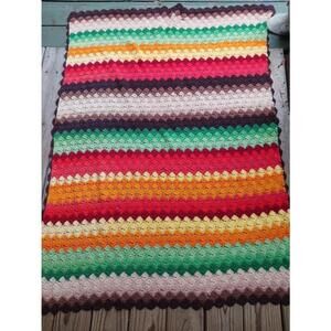 Handmade Knit Granny Afghan Blanket Stripe Red 58x44